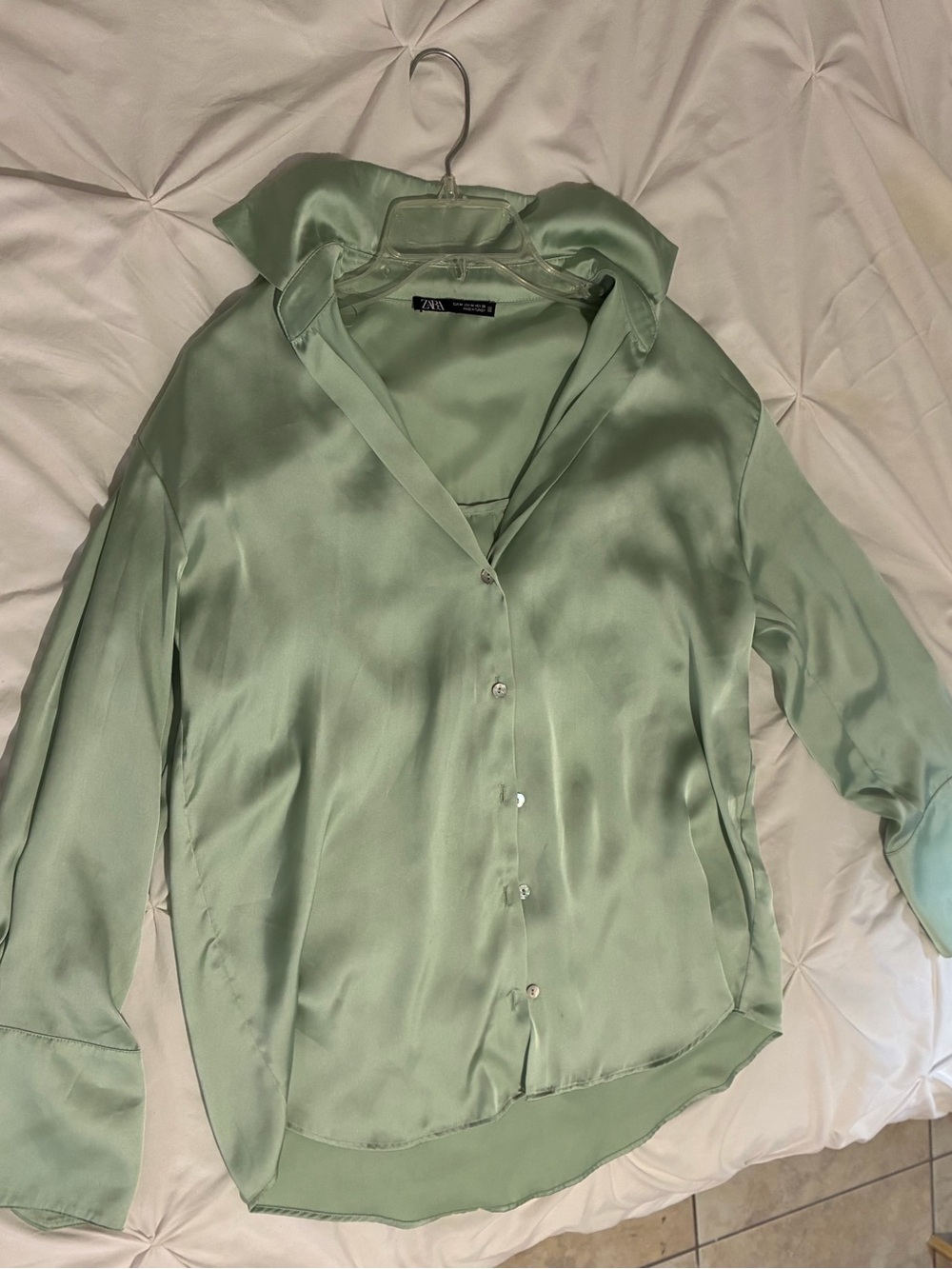 Zara Mint Green Satin Button-Down Shirt